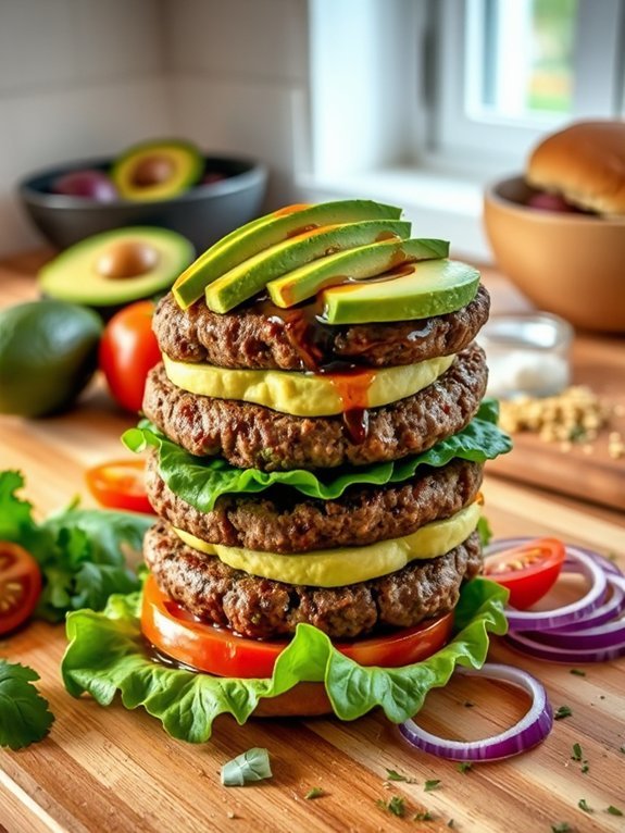 beef burgers topped with avocado