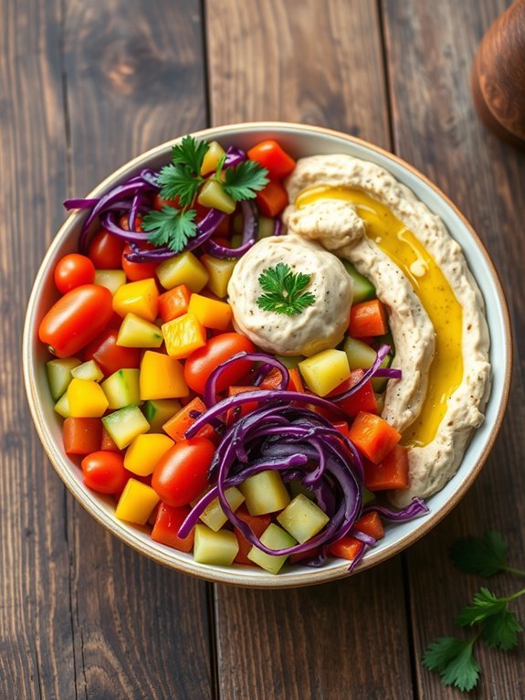 colorful vegetable hummus salad