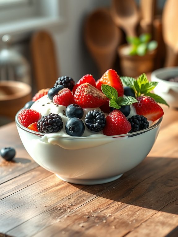 creamy yogurt topped berries