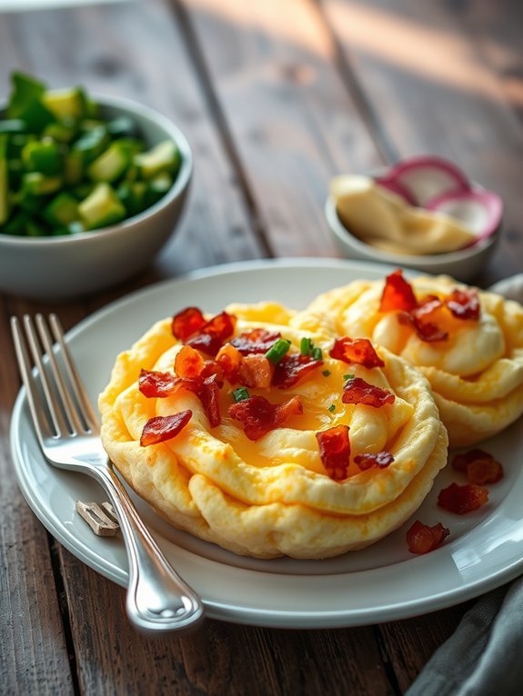 fluffy eggs topped bacon