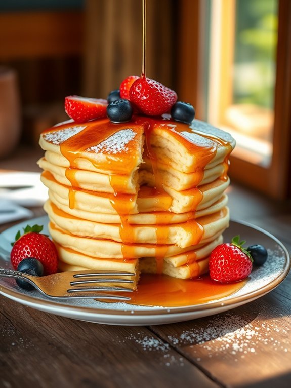 fluffy pancakes drizzled syrup