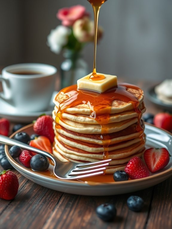 fluffy pancakes topped syrup