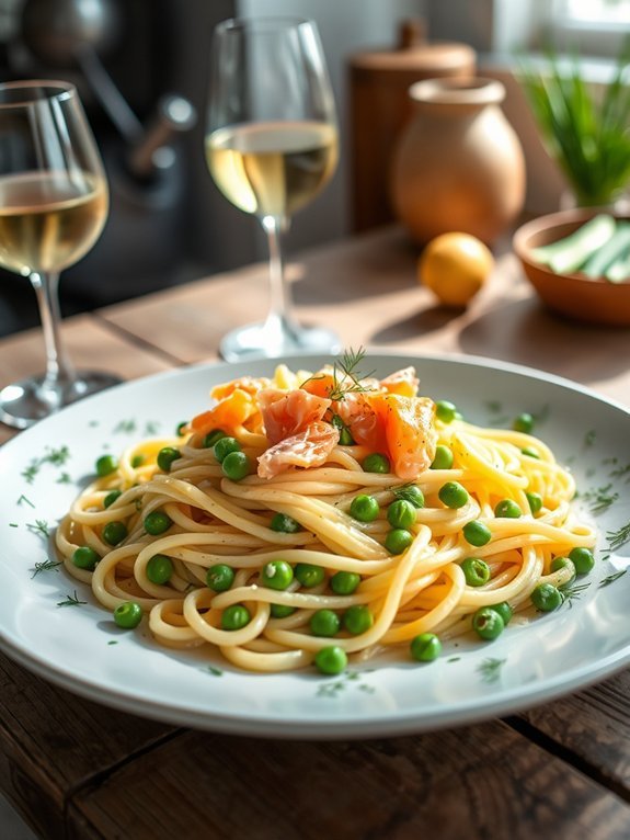 salmon and pea fettuccine