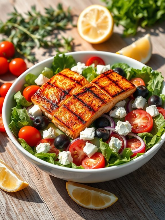 salmon topped greek salad recipe