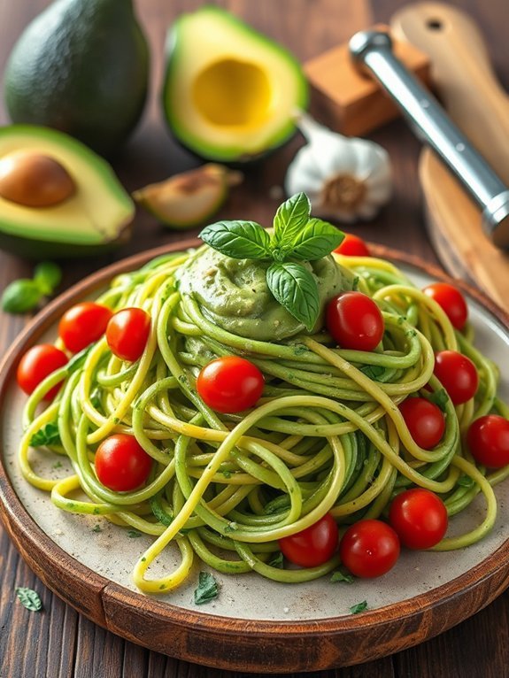 zucchini noodles topped avocado