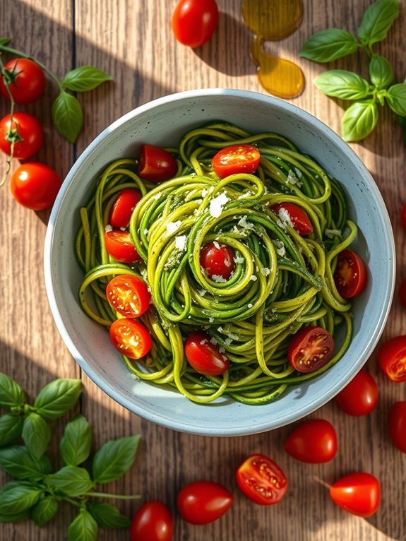 zucchini noodles topped with pesto