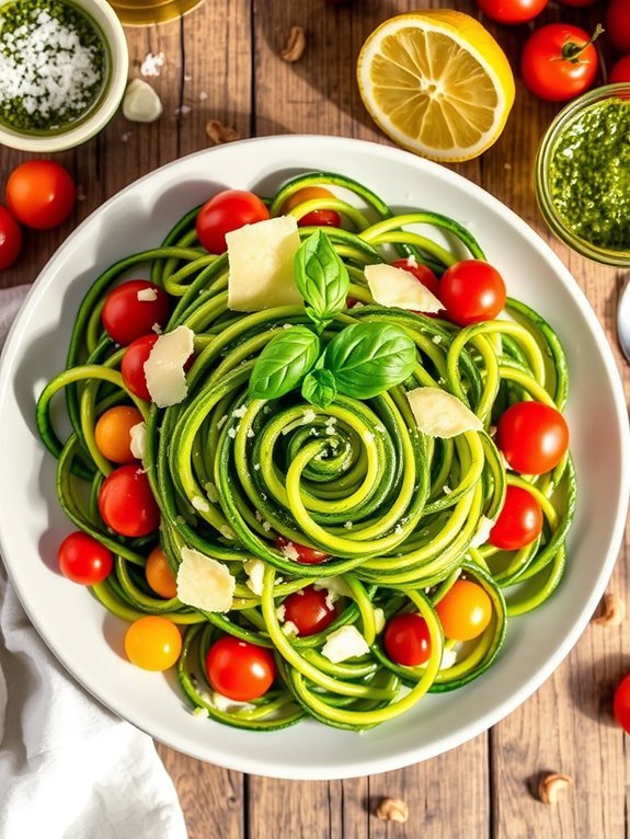 zucchini noodles topped with pesto